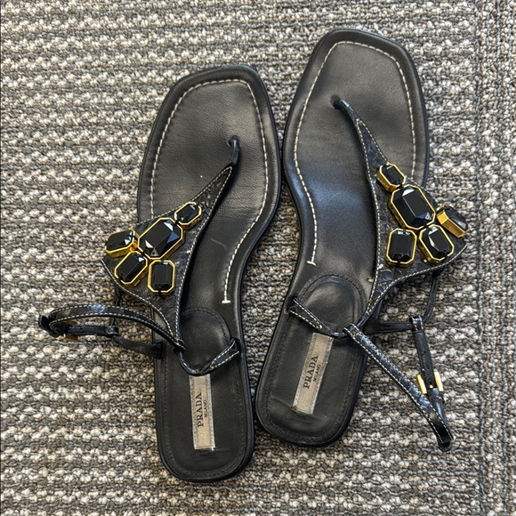 Prada Black T-Strap Sandals with Gold Embellishment - Picture 3 of 10